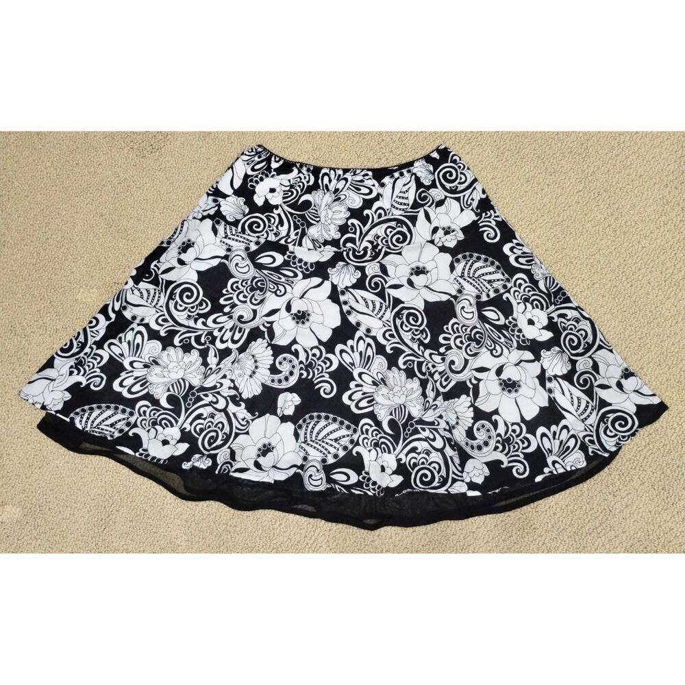 Women's Studio 253 Black and White Floral Knee-Length Layered Lined Skirt (Lg)